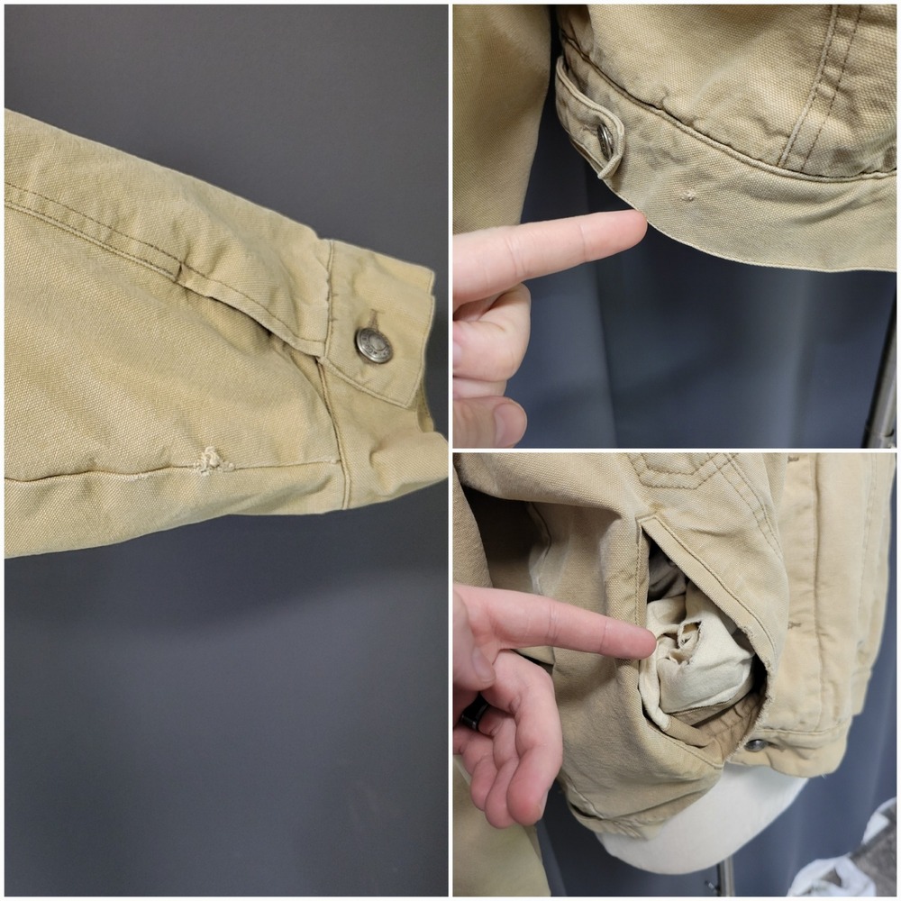 Vintage Woolrich Canvas Trucker Jacket Tan Leather Collar Striped Blanket Lined - Picture 7 of 9